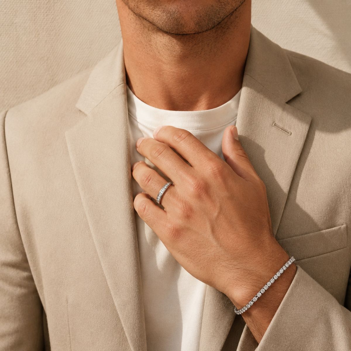 Alliance homme diamant de synthèse et bracelet tennis diamant en or blanc – Laveran Paris